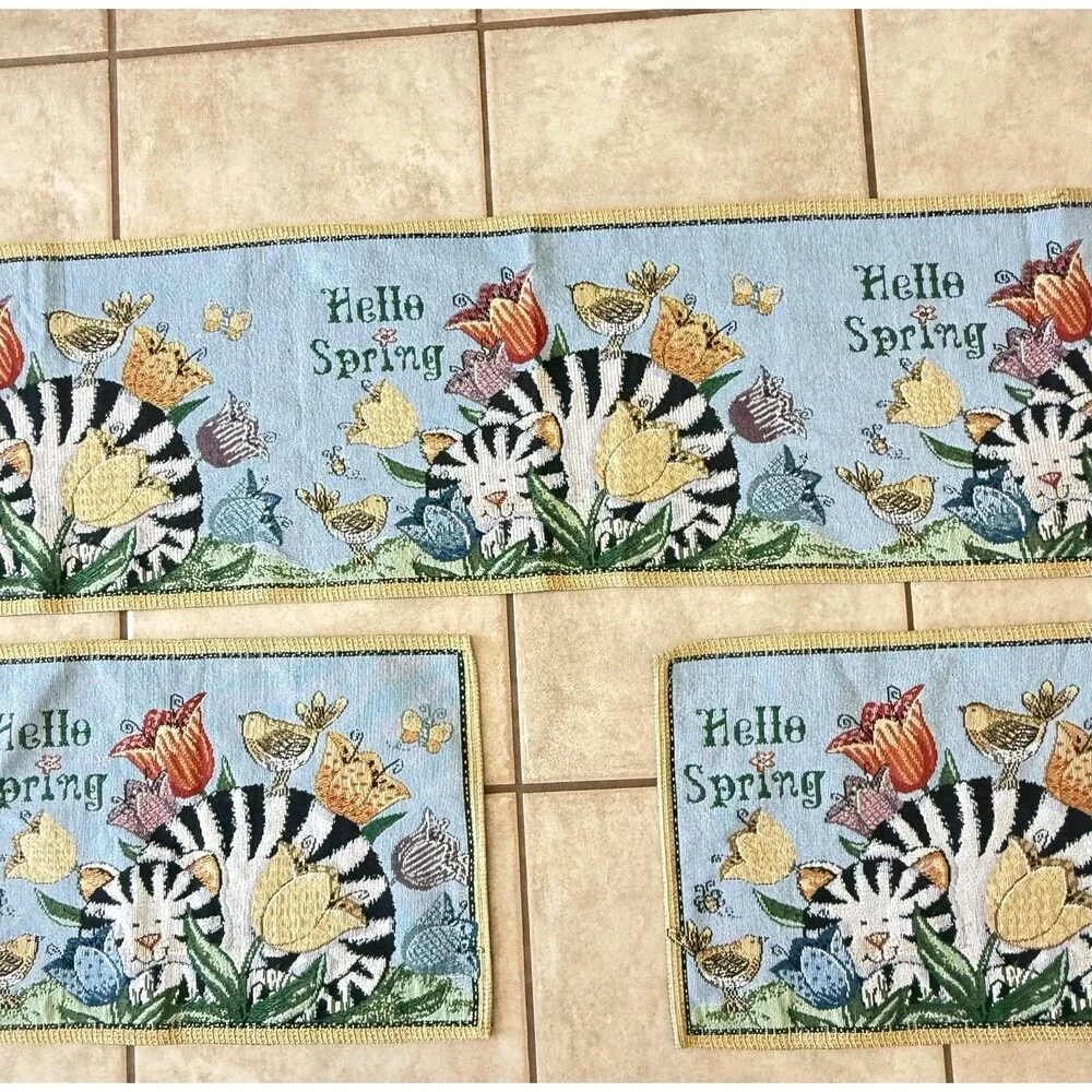Springtime Cat Butterfly Bird Floral Tapestry Long Table Runner And 2 Placemats